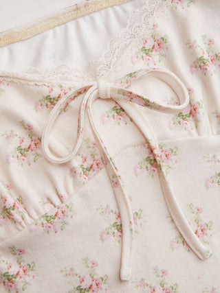 Floral Sweetheart Neckline Ruched Lace Trim Tie Front Top