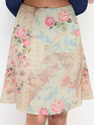 Satin Satin Floral Mid Rise Flared Midi Skirt For Daily Casual Date