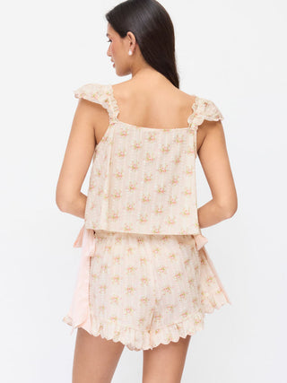 Summer Dress Summer Dresses Euro Summer beachwear swimsuits Cotton Cotton-blend Floral V-neck Bowknot Crop Top & Mid Rise Shorts Loungewear Set For Home Bedroom