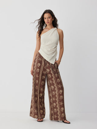 trendy-blouse-collar blouse-collar-keywords Women Blouse Collar Blouse Puff Sleeve Top Linen-blend Linen-blend Low Rise Shell and Starfish Graphic Drawstring Wide Leg Trousers For Daily Casual Vacation
