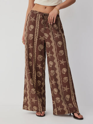 trendy-blouse-collar blouse-collar-keywords Women Blouse Collar Blouse Puff Sleeve Top Linen-blend Linen-blend Low Rise Shell and Starfish Graphic Drawstring Wide Leg Trousers For Daily Casual Vacation