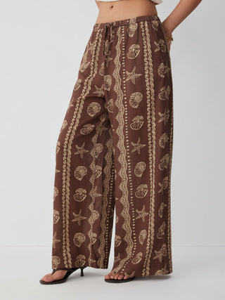trendy-blouse-collar blouse-collar-keywords Women Blouse Collar Blouse Puff Sleeve Top Linen-blend Linen-blend Low Rise Shell and Starfish Graphic Drawstring Wide Leg Trousers For Daily Casual Vacation