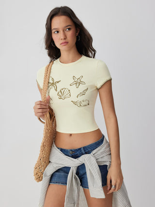 Knit Fabric Cotton-blend Nature Graphic Short Sleeve Embroidery Crop Tee For Vacation Beach