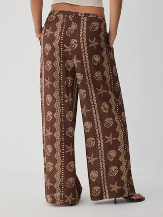 trendy-blouse-collar blouse-collar-keywords Women Blouse Collar Blouse Puff Sleeve Top Linen-blend Linen-blend Low Rise Shell and Starfish Graphic Drawstring Wide Leg Trousers For Daily Casual Vacation