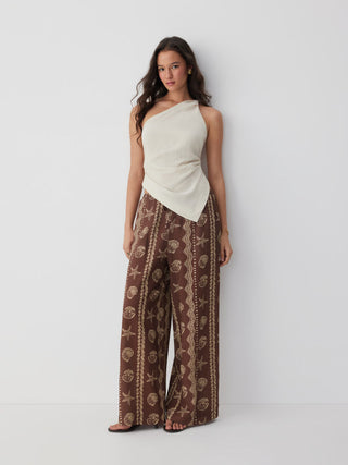 trendy-blouse-collar blouse-collar-keywords Women Blouse Collar Blouse Puff Sleeve Top Linen-blend Linen-blend Low Rise Shell and Starfish Graphic Drawstring Wide Leg Trousers For Daily Casual Vacation