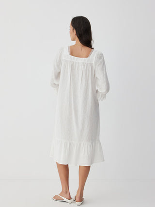 Woven Cotton Square Neck Short Sleeve Lace Trim Ruffle Hem Midi Nightdress For Home Bedroom