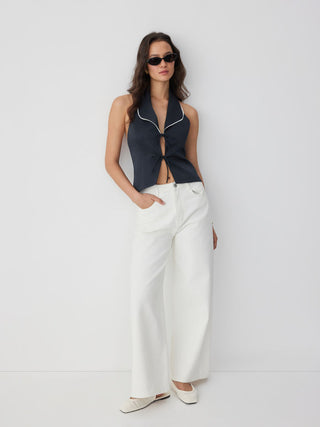 Woven Halter Neckline Contrast Trim Bowknot Blazer Vest For Date Party/Clubbing