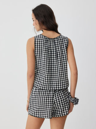 Woven Cotton Gingham Tie Tank Top & Mid Rise Shorts Loungewear Set For Home Bedroom