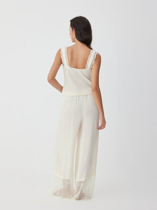 Lace Trim V-neck Top & High Rise Wide Leg Trousers Loungewear Set