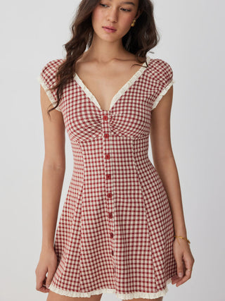 Gingham V-neck Short Sleeve Ruched Lace Trim A-line Mini Dress