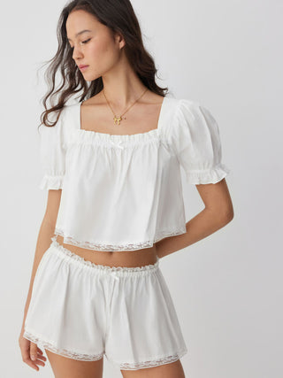 Woven Cotton Puff Sleeve Crop Top & Low Rise Shorts Loungewear Set For Home Bedroom