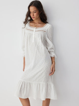 Woven Cotton Square Neck Short Sleeve Lace Trim Ruffle Hem Midi Nightdress For Home Bedroom