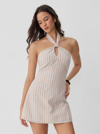 Linen-blend Stripe Halter Neckline Twist Knotted A-line Mini Dress