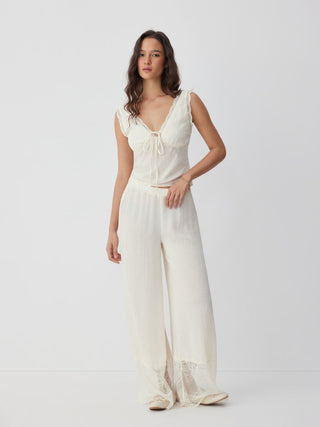 Lace Trim V-neck Top & High Rise Wide Leg Trousers Loungewear Set