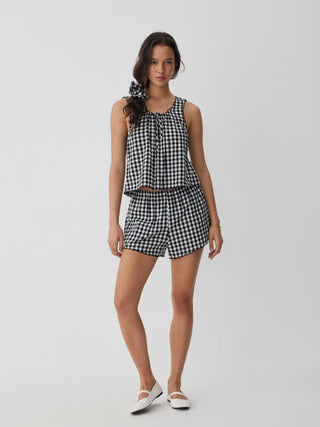 Woven Cotton Gingham Tie Tank Top & Mid Rise Shorts Loungewear Set For Home Bedroom