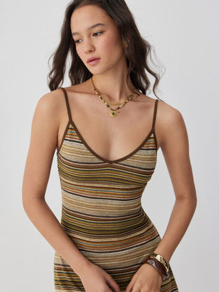 Knit V-neck Striped Flared Mini Dress
