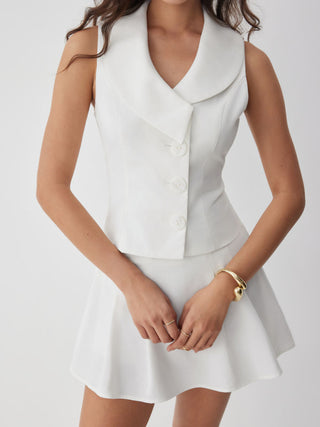 Linen-blend Linen-blend Shawl Collar Vest & Mid Rise Pleated Mini Skirt Set For Daily Casual Work