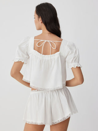 Woven Cotton Puff Sleeve Crop Top & Low Rise Shorts Loungewear Set For Home Bedroom