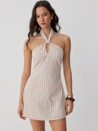 Linen-blend Stripe Halter Neckline Twist Knotted A-line Mini Dress