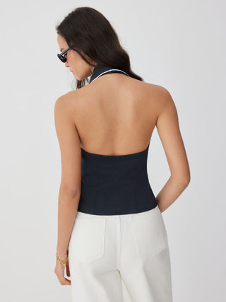 Woven Halter Neckline Contrast Trim Bowknot Blazer Vest For Date Party/Clubbing