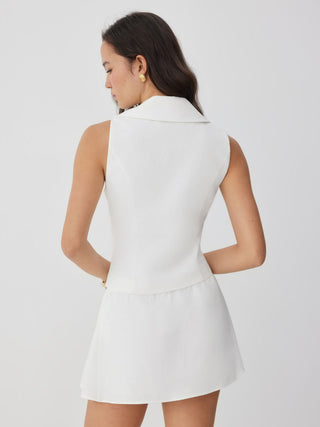 Linen-blend Linen-blend Shawl Collar Vest & Mid Rise Pleated Mini Skirt Set For Daily Casual Work