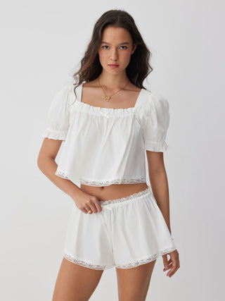 Woven Cotton Puff Sleeve Crop Top & Low Rise Shorts Loungewear Set For Home Bedroom