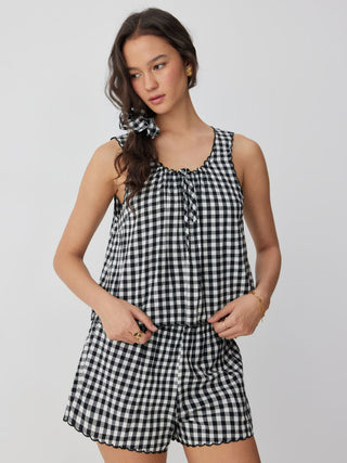 Woven Cotton Gingham Tie Tank Top & Mid Rise Shorts Loungewear Set For Home Bedroom