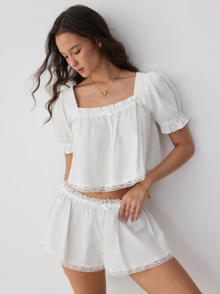 Woven Cotton Puff Sleeve Crop Top & Low Rise Shorts Loungewear Set For Home Bedroom