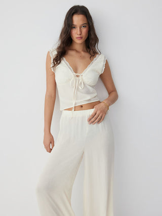 Lace Trim V-neck Top & High Rise Wide Leg Trousers Loungewear Set