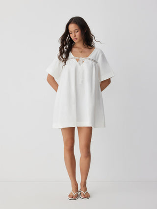 Linen-blend Linen-blend Sweetheart Neck Lace Trim Bowknot Oversized Mini Nightdress  For Home Bedroom