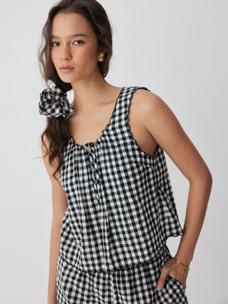 Woven Cotton Gingham Tie Tank Top & Mid Rise Shorts Loungewear Set For Home Bedroom