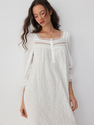 Woven Cotton Square Neck Short Sleeve Lace Trim Ruffle Hem Midi Nightdress For Home Bedroom