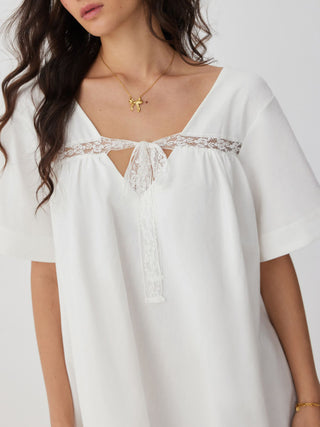 Linen-blend Linen-blend Sweetheart Neck Lace Trim Bowknot Oversized Mini Nightdress  For Home Bedroom