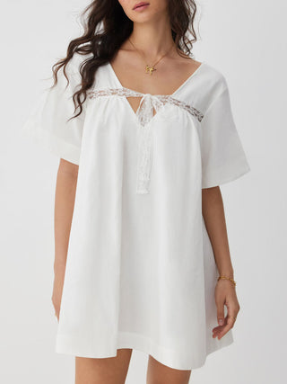 Linen-blend Linen-blend Sweetheart Neck Lace Trim Bowknot Oversized Mini Nightdress  For Home Bedroom