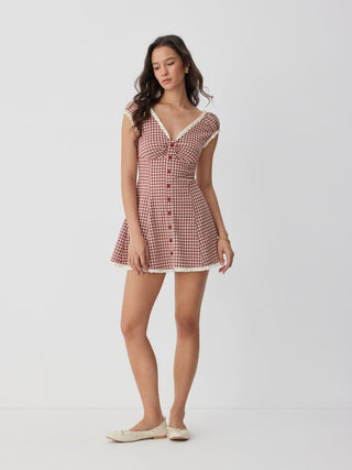 Gingham V-neck Short Sleeve Ruched Lace Trim A-line Mini Dress
