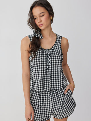 Woven Cotton Gingham Tie Tank Top & Mid Rise Shorts Loungewear Set For Home Bedroom