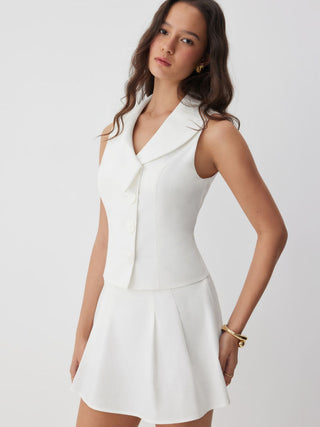 Linen-blend Linen-blend Shawl Collar Vest & Mid Rise Pleated Mini Skirt Set For Daily Casual Work
