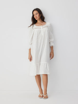 Woven Cotton Square Neck Short Sleeve Lace Trim Ruffle Hem Midi Nightdress For Home Bedroom