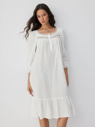 Woven Cotton Square Neck Short Sleeve Lace Trim Ruffle Hem Midi Nightdress For Home Bedroom