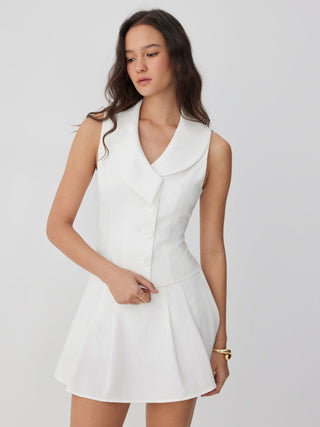 Linen-blend Linen-blend Shawl Collar Vest & Mid Rise Pleated Mini Skirt Set For Daily Casual Work