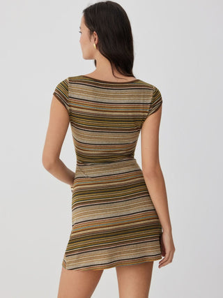 High Stretch Textured Striped Boat Neck Short Sleeve Colorblock A-line Mini Dress