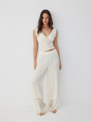 Lace Trim V-neck Top & High Rise Wide Leg Trousers Loungewear Set