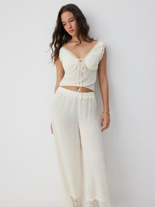 Lace Trim V-neck Top & High Rise Wide Leg Trousers Loungewear Set