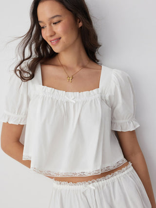 Woven Cotton Puff Sleeve Crop Top & Low Rise Shorts Loungewear Set For Home Bedroom