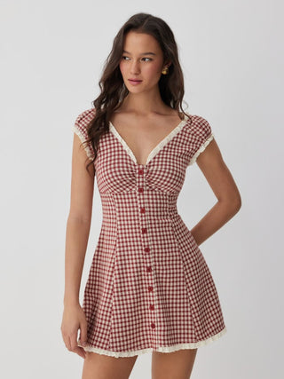 Gingham V-neck Short Sleeve Ruched Lace Trim A-line Mini Dress