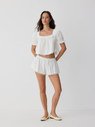 Woven Cotton Puff Sleeve Crop Top & Low Rise Shorts Loungewear Set For Home Bedroom