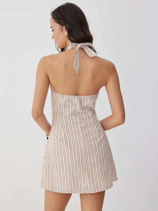 Linen-blend Stripe Halter Neckline Twist Knotted A-line Mini Dress