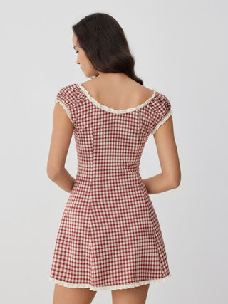Gingham V-neck Short Sleeve Ruched Lace Trim A-line Mini Dress