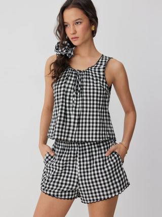 Woven Cotton Gingham Tie Tank Top & Mid Rise Shorts Loungewear Set For Home Bedroom