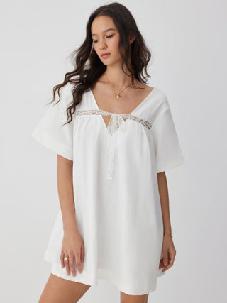 Linen-blend Linen-blend Sweetheart Neck Lace Trim Bowknot Oversized Mini Nightdress  For Home Bedroom